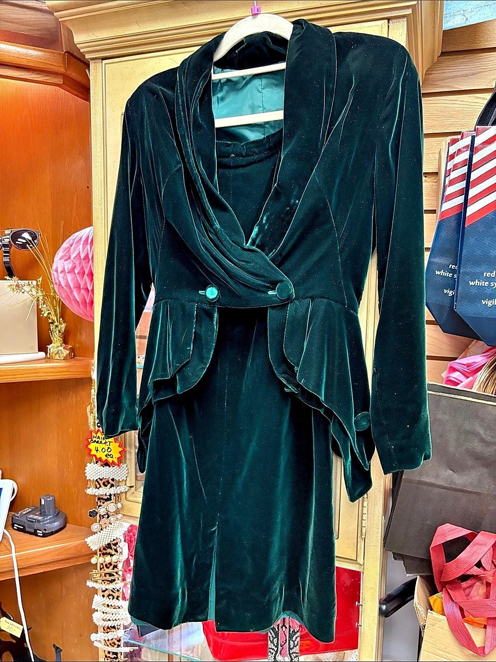 Velvet Draped Midi Dress in Green
